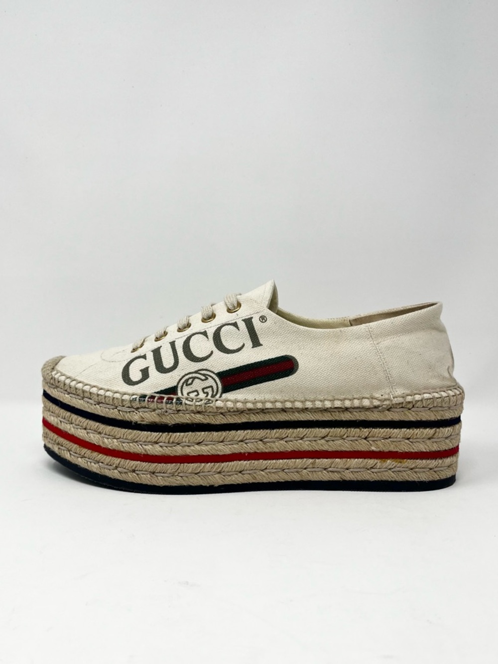 Gucci Vintage GG Logo Canvas Platform Espadrilles Espadrille Sneakers Ivory 39 9